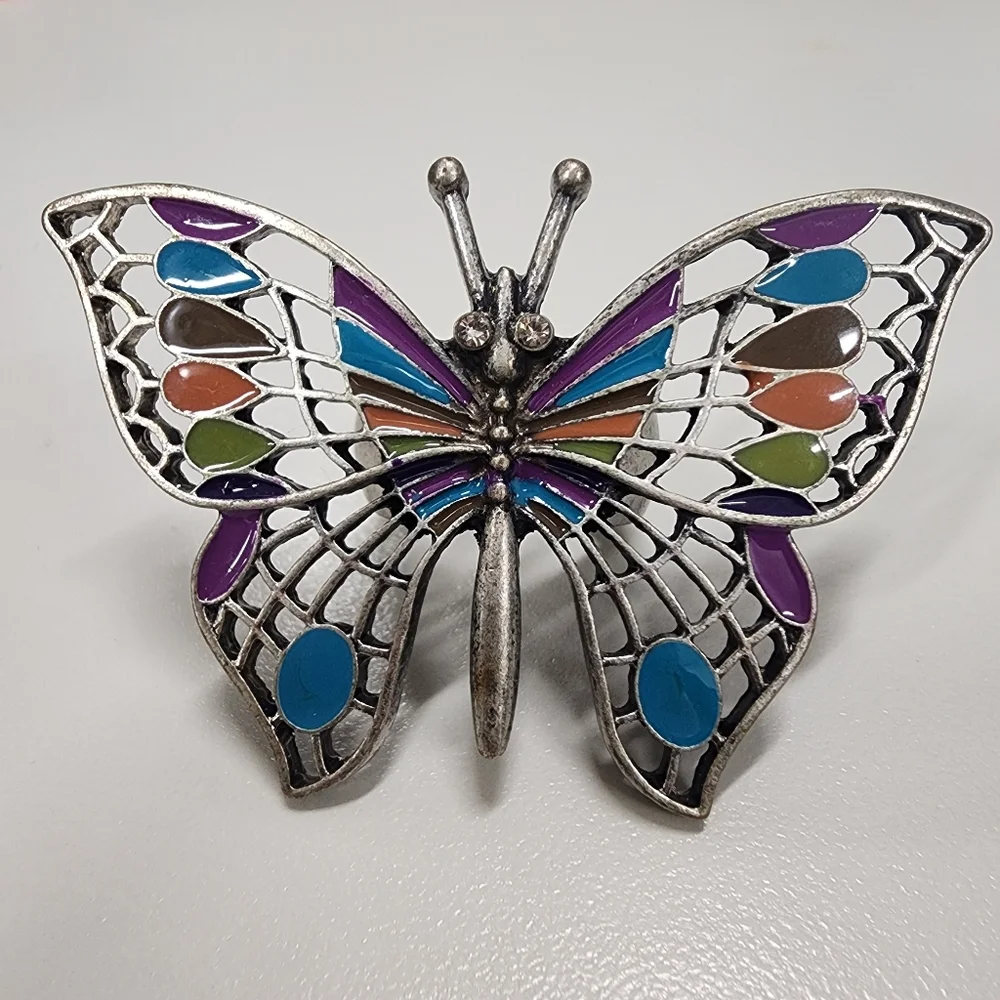 Art Nouveau Style Multi-Color Enamel & Silver Tone Filigree Butterfly Statement